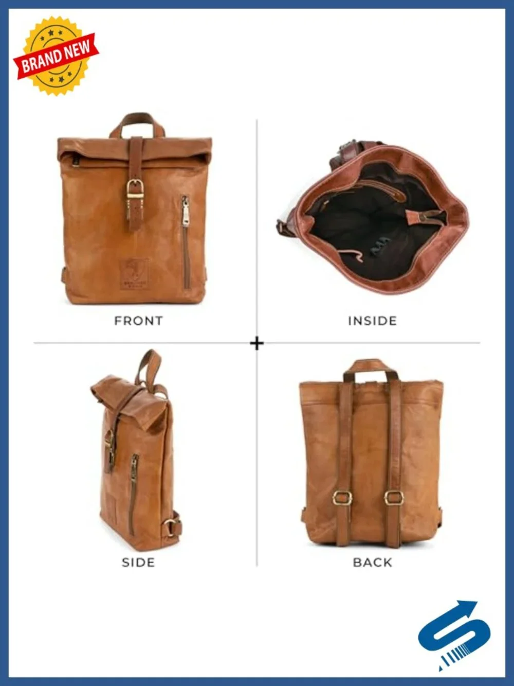 Genuine Leather Backpack Roll-Top Closure YKK Zipper Vegetable-Tanned Daypack